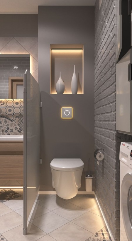 Elegancka łazienka w szarym kolorze z nowoczesnym podświetleniem