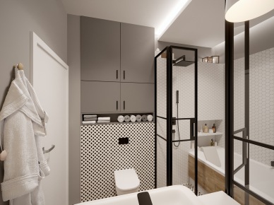 Aranżacja łazienki w szarości i czerni z oddzieloną wanną i prysznicem (55476)