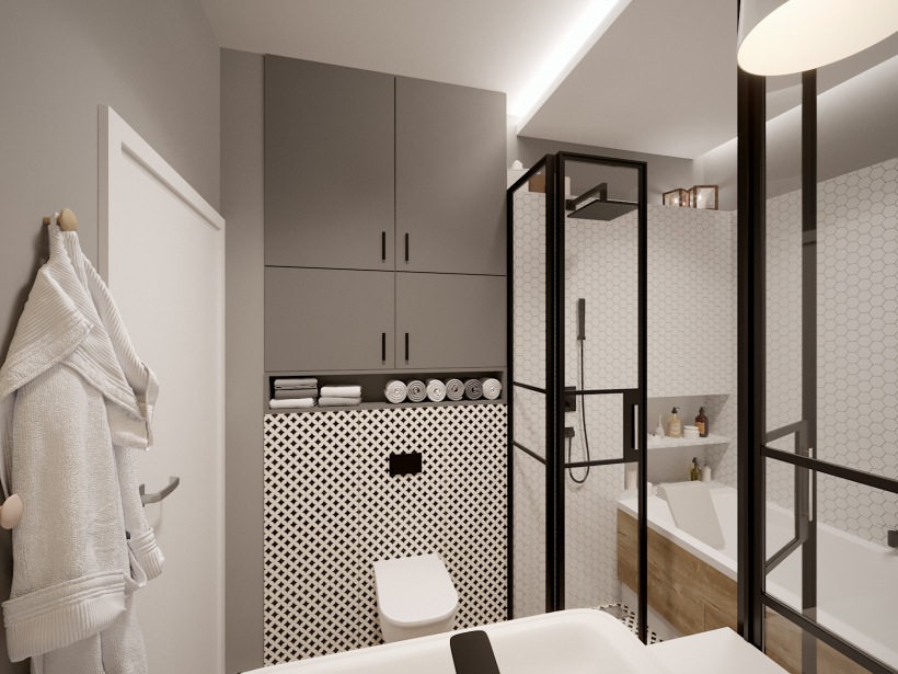 Aranżacja łazienki w szarości i czerni z oddzieloną wanną i prysznicem