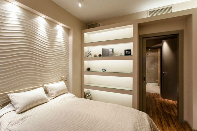 Aranżacja sypialni z podświetlanymi półkami
