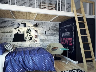 Pomysł na piętrową zabudowę łóżka w sypialni ze ścianą z białej cegły i farbą tablicową (26875)