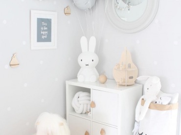 Pastelowe odcienie szarości i beżu delikatnie wypełniają każdy kąt pokoju dziecięcego. Mebelki i większość zabawek jest biała, a przyjemnym dekoracyjnym elementem są balony z helem sięgające...