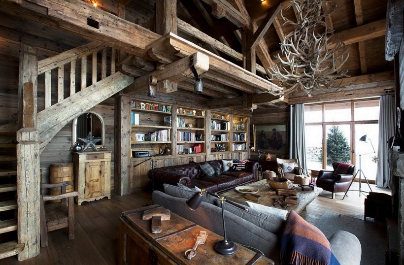 Rustykalny salon  w alpejskiej  zimowej rezydencji