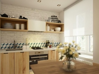 Biała cegła na ścianie w kuchni z meblami z drewnianej sklejki (26855)