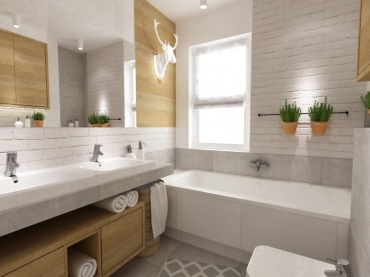 Aranżacja łazienki bazuje na skandynawskim klimacie, głównie poprzez zastosowanie bieli i drewna, a także takich...