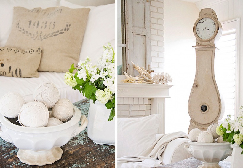 Szwedzki  zegar stojący Mora i drukowane poduszki z lnu