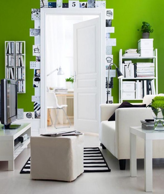 Biało-zielone wnętrze,zielone sciany,białe meble,skandynawski styl