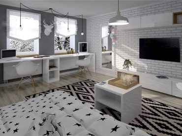 Czarno – biały dywan w geometryczne wzory, czarno – biała pościel i białe meble stanowią idealne połączenie. Tym...