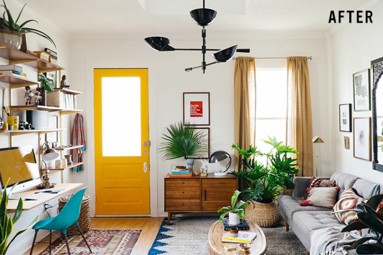 Before & after salonu z domowym gabinetem w eklektycznym stylu, czyli wnętrze pełne kolorów, wzorów i niespodzianek! (47724)