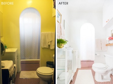 Ciekawie prezentuje się porównanie łazienki before & after. Rozkład elementów wyposażenia pozostał taki sam, a w...