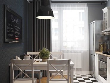 Czarna ściana w kuchni,biały stół z krzesłami w skandynawskiej kuchni z podłogą w szachownicę,skandynawska kuchnia, czarno-białe płytki w kuchni,czarno-biała szachownica na podłodze w kuchni,szachownica na podłodze we wnętrzach,podłoga (38889)