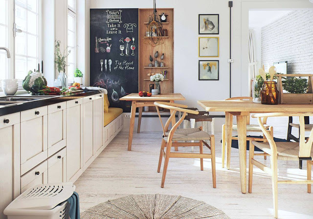 Tablicowa farba na ścianie w kuchni,drewniany panel z półkami na scianie,drewniany stół,gięte drewniane krzesła w stylu skandynawskim