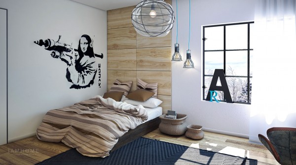 Litery 3d.nakljeki na ścianie i industrialne lampy w aranżacji sypialni