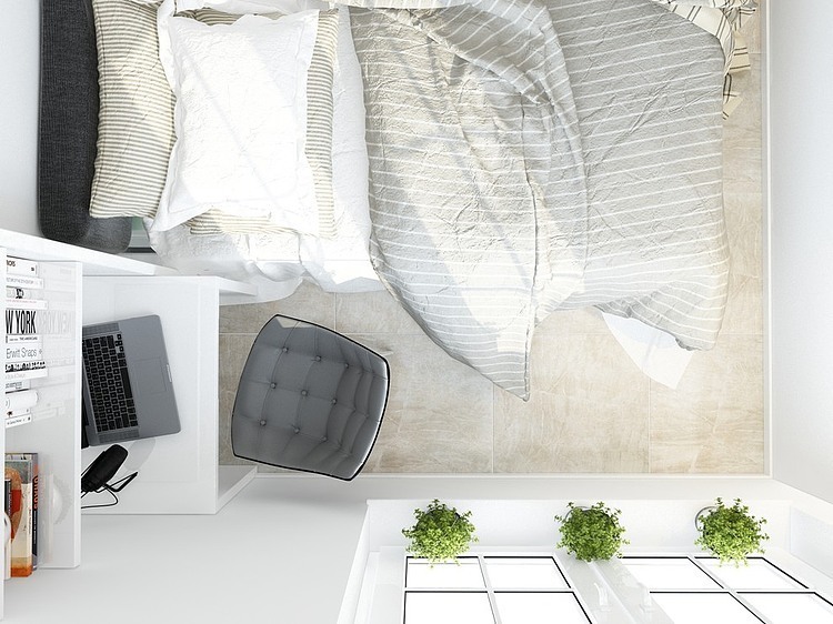 Aranżacja sypialni z kącikiem biurowym i nowoczesną dekoracją łóżka z pościelą w białe-szare paski - widok z góry