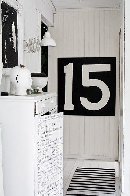 Biała ściana z desek i czarna tablica z cyframi, biała komoda z czarnym nadrukiem pisma odrecznego,bialy metalowy kinkiet z wysięgnikiem i biało-czarny dywanik w paski na białej podłodze