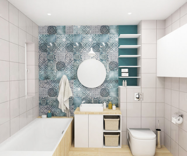Jak łączyć wzorzyste płytki z turkusową farbą na ścianie w łazience ?