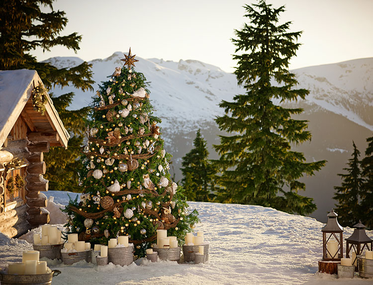 Duże choinki wokół domu w górach ubrane w świąteczne dekoracje