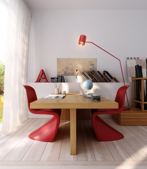 Czerwone krzesła przy drewnianym stole