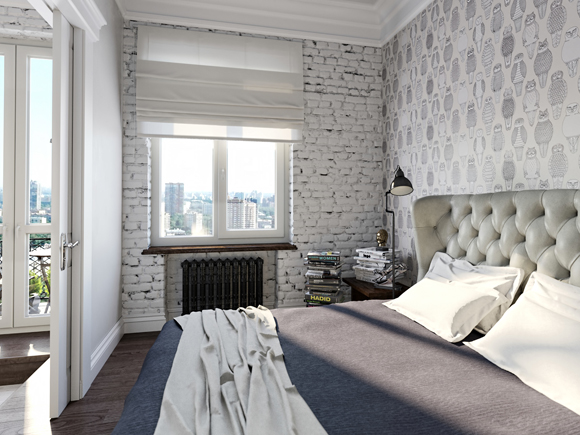 Projekt sypialni ze ścianą z białej cegły i z graficzna tapetą w biało-czarnym kolorze