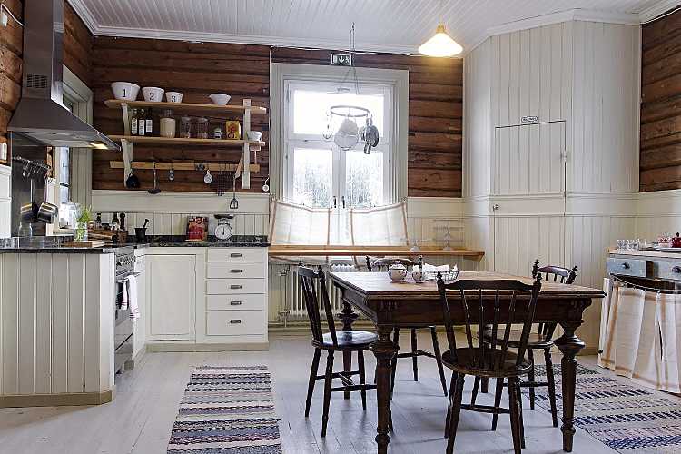 Drewniane bałki na ścianie, białe drewniane panele w zabudowie kuchennej,podłoga z bielonych desek,rustykalny stół z krzesłami