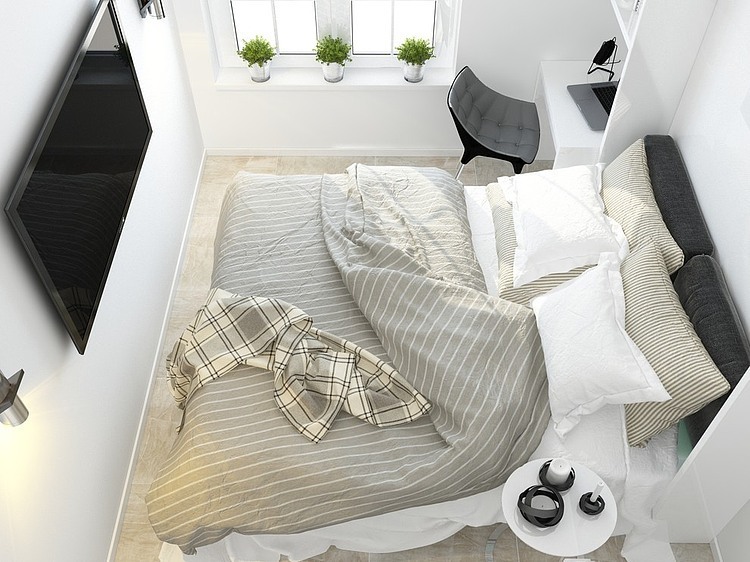 Aranżacja nowoczesnej sypialni z kącikiem biurowym - wizualizacja 3d