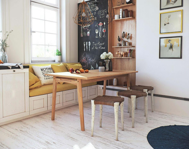 Szafki siedziska z żółtymi poduchami pod oknem w kuchni,farba tablicowa z drewnianym panelem na ścianie,drewniany stół ze stołkami w białej kuchni