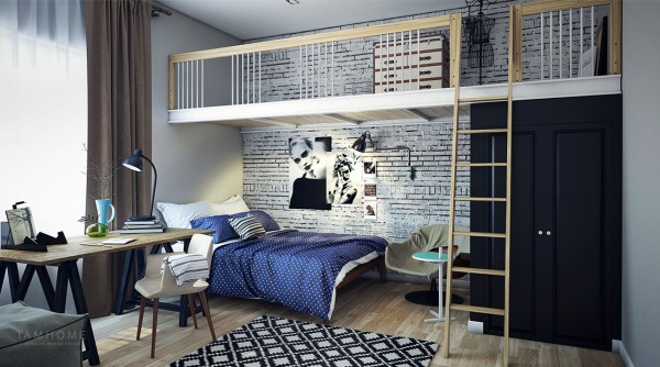 Drewniana zabudowa antresola z drabiną nad łóżkiemi szafą  w sypialni