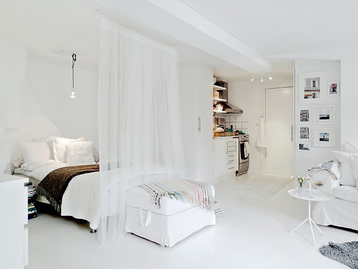 36 m2 otwartej przestrzeni mieszkania w bieli