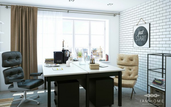 Podwójne biurko,skórzane fotele biurowe,ściana z białej cegły i lniane zasłony