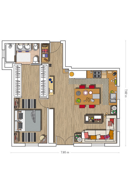 60 m2 - plan  rozmieszczenia pokoi i mebli w mieszkaniu