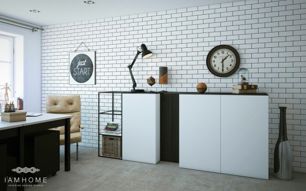 Ściana z białej cegły,biało-czarne nowoczesne komody i szafki i czarne detale w dekoracji salonu