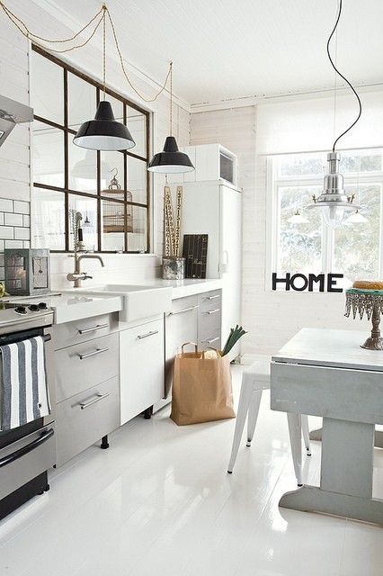 Biała kuchnia w stylu skandynawskim,czarne lampy w białej kuchni,biała podłoiga w kuchni,piękne kuchnie białe