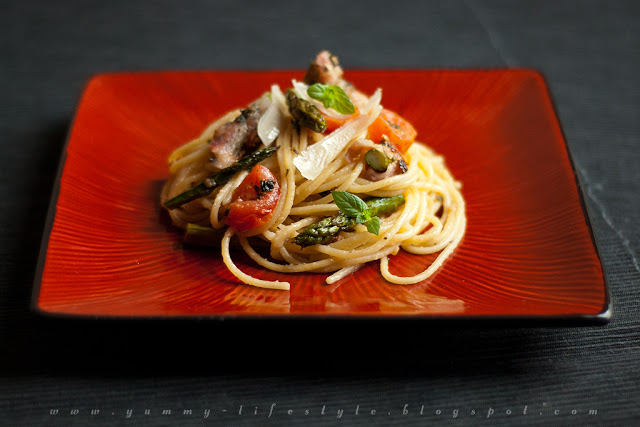 Yummy Lifestyle - Z uwielbienia dla jedzenia.: Bardzo czosnkowe spaghetti ze szparagami zapiekanymi w boczku.