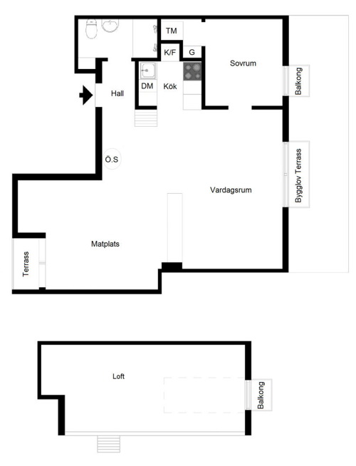 Plan mieszkania 76,5 m2 w otwartej zabudowie salonu z kuchnią i sypialnią na antresoli