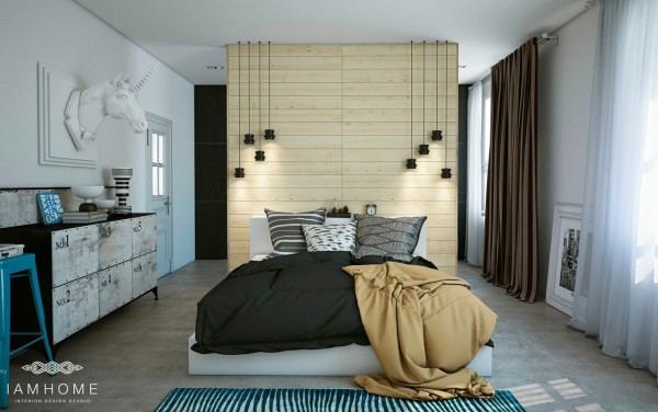 Ściana z drewnianych paneli,czarne wiszące lampy nowoczesne,czarna narzuta,turkusowy dywan i nowoczesne komody w sypialni