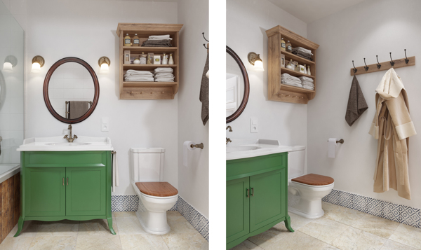 Francuska zielona komoda, drewniane półeczki i wieszaki w aranżacji łazienki