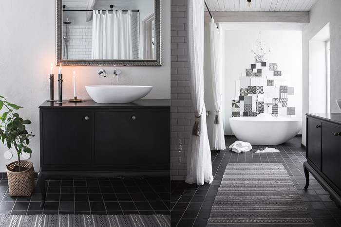 Pokój kąpielowy w biało-czarnych kolorach w skandynawskim stylu